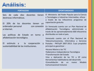 FORTALEZAS OPORTUNIDADES Seis de cada diez docentes tienen destrezas informáticas. El 20% de los docentes tienen un ordenador personal con conexión a internet. Las políticas de Estado en torno a alfabetización tecnológica. El estimulo a  la cooperación y sustentabilidad de las instituciones. El  Ministerio  del Poder Popular para la Ciencia y Tecnologías e Industrias Intermedias, ofrece  a través de los Infocentros programas de capacitación gratuita. En Venezuela cuenta con un Plan Nacional de alfabetización Tecnológica, administrado a través de los aproximadamente 600 Infocentros distribuidos en todo el pais. Venezuela cuenta con el  Plan Nacional de Telecomunicaciones, Informática y Servicios Postales - PNTIySP 2007-2013 . Cuyo propósito principal es garantizar :  A cceso Masivo a las TIC Soberanía e Independencia Tecnológica Transformación del Estado Uso y Aplicación de las TIC y SP como Herramientas habilitadoras del desarrollo Consolidación de un nuevo Modelo Comunicacional Inclusivo 