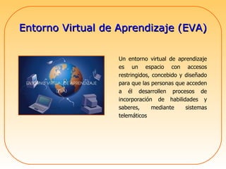 Entorno Virtual de Aprendizaje (EVA) Un entorno virtual de aprendizaje es un espacio con accesos restringidos, concebido y diseñado para que las personas que acceden a él desarrollen procesos de incorporación de habilidades y saberes, mediante sistemas telemáticos  