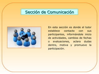 Sección de Comunicación En esta sección es donde el tutor establece contacto con sus participantes, informándole inicio de actividades, cambios de fechas o evaluaciones, aclara dudas dentro, motiva y promueve la participación.  