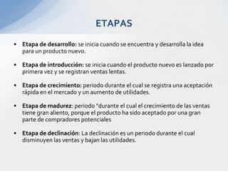 Etapa de desarrollo: se inicia cuando se encuentra y desarrolla la idea para un producto nuevo.Etapa de introducción: se inicia cuando el producto nuevo es lanzado por primera vez y se registran ventas lentas.Etapa de crecimiento: periodo durante el cual se registra una aceptación rápida en el mercado y un aumento de utilidades.Etapa de madurez: periodo "durante el cual el crecimiento de las ventas tiene gran aliento, porque el producto ha sido aceptado por una gran parte de compradores potencialesEtapa de declinación: La declinación es un periodo durante el cual disminuyen las ventas y bajan las utilidades. ETAPAS