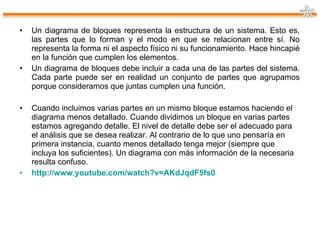 Un diagrama de bloques representa la estructura de un sistema. Esto es, las partes que lo forman y el modo en que se relacionan entre sí. No representa la forma ni el aspecto físico ni su funcionamiento. Hace hincapié en la función que cumplen los elementos. Un diagrama de bloques debe incluir a cada una de las partes del sistema. Cada parte puede ser en realidad un conjunto de partes que agrupamos porque consideramos que juntas cumplen una  función. Cuando incluimos varias partes en un mismo bloque estamos haciendo el diagrama menos detallado. Cuando dividimos un bloque en varias partes estamos agregando detalle. El nivel de detalle debe ser el adecuado para el análisis que se desea realizar. Al contrario de lo que uno pensaría en primera instancia, cuanto menos detallado tenga mejor (siempre que incluya los suficientes). Un diagrama con más información de la necesaria resulta confuso. http://www.youtube.com/watch?v=AKdJqdF5fs0 