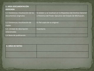 5. AREA DOCUMENTACIÓN
ASOCIADA
5.1 Existencia y localización de los
documentos originales
Si existen y se localizan en la Mapoteca del Archivo General
e Histórico del Poder Ejecutivo del Estado de Michoacán.
5.2 Existencia y localización de
copias
Es fiel copia de su original.
5.3. Unidad de descripción
relacionadas
Inventario.
5.4 Nota de publicación
6. AREA DE NOTAS
 