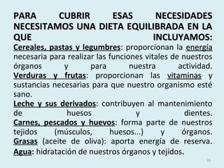 PARA CUBRIR ESAS NECESIDADESPARA CUBRIR ESAS NECESIDADES
NECESITAMOS UNA DIETA EQUILIBRADA EN LANECESITAMOS UNA DIETA EQUILIBRADA EN LA
QUE INCLUYAMOS:QUE INCLUYAMOS:
Cereales, pastas y legumbres: proporcionan la energíaenergía
necesaria para realizar las funciones vitales de nuestros
órganos y para nuestra actividad.
Verduras y frutas: proporcionan las vitaminasvitaminas y
sustancias necesarias para que nuestro organismo esté
sano.
Leche y sus derivados: contribuyen al mantenimiento
de huesos y dientes.
Carnes, pescados y huevos: forma parte de nuestros
tejidos (músculos, huesos...) y órganos.
Grasas (aceite de oliva): aporta energía de reserva.
Agua: hidratación de nuestros órganos y tejidos.
16
 