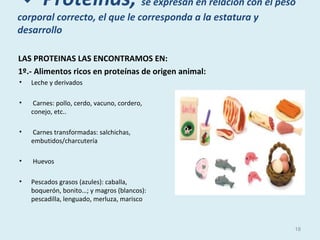 LAS PROTEINAS LAS ENCONTRAMOS EN:
1º.- Alimentos ricos en proteínas de origen animal:
• Leche y derivados
• Carnes: pollo, cerdo, vacuno, cordero,
conejo, etc..
• Carnes transformadas: salchichas,
embutidos/charcutería
• Huevos
• Pescados grasos (azules): caballa,
boquerón, bonito…; y magros (blancos):
pescadilla, lenguado, merluza, marisco
18
 Proteínas, se expresan en relación con el peso
corporal correcto, el que le corresponda a la estatura y
desarrollo
 