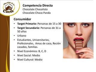 Competencia Directa
       Chocolate Chocolisto
       Chocolate Choco Panda

Consumidor
• Target Primario: Personas de 15 a 30
• Target Secundario: Personas de 31 a
  50 años
• Urbano
• Estudiantes, Universitarios,
  Profesionales, Amas de casa, Recién
  casados, familias.
• Nivel Económico: B, C, D
• Nivel Social: Medio
• Nivel Cultural: Medio
 