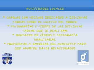 ACTIVIDADES LOCALES:


* CHARLAS CON VECINOS DEDICADOS A DISTINTAS
    TAREAS SOBRE EL CULTIVO DEL ARROZ.
  * FOTOGRAFÍAS Y VÍDEOS DE LAS DISTINTAS
         TAREAS QUE SE REALIZAN.
    * MONTAJES DE VÍDEOS Y FOTOGRAFÍA
               REALIZADAS.
* PROPUESTAS A EMPRESAS DEL MUNICIPIO PARA
     QUE APORTEN DATOS RELACIONADOS
 