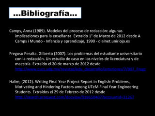 …Bibliografía…

Camps, Anna (1989). Modelos del proceso de redacción: algunas
  implicaciones para la enseñanza. Extraído 1° de Marzo de 2012 desde A
  Camps i Mundo - Infancia y aprendizaje, 1990 - dialnet.unirioja.es

Fregoso Peralta, Gilberto (2007). Los problemas del estudiante universitario
   con la redacción. Un estudio de caso en los niveles de licenciatura y de
   maestría. Extraído el 20 de marzo de 2012 desde
   http://www.cucs.udg.mx/revistas/edu_desarrollo/anteriores/7/007_Fregoso.pd

Halim, (2012). Writing Final Year Project Report in English: Problems,
   Motivating and Hindering Factors among UTeM Final Year Engineering
   Students. Extraídos el 29 de Febrero de 2012 desde
   http://search.proquest.com/docview/918650407?accountid=31267
 
