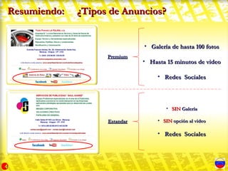 Resumiendo:   ¿Tipos de Anuncios?


                               • Galería de hasta 100 fotos
                    Premium
                               • Hasta 15 minutos de video

                                    • Redes Sociales



                                       • SIN Galería

                    Estandar        • SIN opción al video

                                    • Redes Sociales




4
 