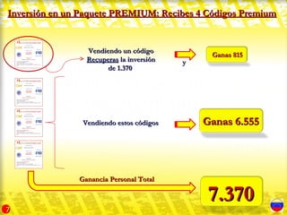 Inversión en un Paquete PREMIUM: Recibes 4 Códigos Premium


                 Vendiendo un código
                                               Ganas 815
                 Recuperas la inversión   y
                       de 1.370




                Vendiendo estos códigos       Ganas 6.555




               Ganancia Personal Total

                                               7.370
7
 
