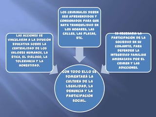 Los criminales deben
                            ser aprehendidos y
                           consignados para que
                           haya tranquilidad en
                             los hogares, las
                            calles, las plazas,      Es necesaria la
     Las acciones se
                                    etc.           participación de la
vincularán a la difusión
                                                     sociedad en su
   educativa sobre la
                                                     conjunto, para
   centralidad de los
                                                      defender la
  valores humanos, la
                                                  integridad familiar
  ética, el diálogo, la
                                                   amenazada por el
     tolerancia y la
                                                      crimen y las
       honestidad.
                                                       adicciones.
                            Con todo ello se
                             fomentará la
                              cultura de la
                              legalidad, la
                              denuncia y la
                              participación
                                 social.
 