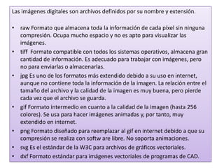 Las imágenes digitales son archivos definidos por su nombre y extensión.

• raw Formato que almacena toda la información de cada píxel sin ninguna
  compresión. Ocupa mucho espacio y no es apto para visualizar las
  imágenes.
• tiff Formato compatible con todos los sistemas operativos, almacena gran
  cantidad de información. Es adecuado para trabajar con imágenes, pero
  no para enviarlas o almacenarlas.
• jpg Es uno de los formatos más extendido debido a su uso en internet,
  aunque no contiene toda la información de la imagen. La relación entre el
  tamaño del archivo y la calidad de la imagen es muy buena, pero pierde
  cada vez que el archivo se guarda.
• gif Formato intermedio en cuanto a la calidad de la imagen (hasta 256
  colores). Se usa para hacer imágenes animadas y, por tanto, muy
  extendido en internet.
• png Formato diseñado para reemplazar al gif en internet debido a que su
  compresión se realiza con softw are libre. No soporta animaciones.
• svg Es el estándar de la W3C para archivos de gráficos vectoriales.
• dxf Formato estándar para imágenes vectoriales de programas de CAD.
 