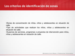 Los criterios de identificación de zonas



 •Zonas de concentración de niñas, niños y adolescentes en situación de
 calle.
 •Tipo de actividades que realizan los niños, niñas y adolescentes en
 situación de calle.
 •Ausencia de servicios, programas o proyectos de intervención para niños,
 niñas y adolescentes en situación de calle.
 