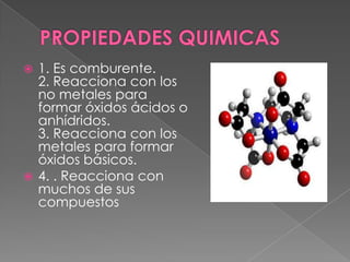  1. Es comburente.
  2. Reacciona con los
  no metales para
  formar óxidos ácidos o
  anhídridos.
  3. Reacciona con los
  metales para formar
  óxidos básicos.
 4. . Reacciona con
  muchos de sus
  compuestos
 