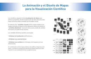 La Animación y el Diseño de Mapas
                             para la Visualización Científica

Los científicos requieren de la visualización de datos para
diversos propósitos, desde la exploración de datos desconocidos
hasta comunicar ideas reveladas por el análisis visual.

En adición a las “variables visuales” de los mapas estáticos, los
mapas animados se basan en tres elementos básicos de diseño o
“variables dinámicas”- duración de la escena, modo de cambios
de escena y el orden de las escenas.

Las variables dinámicas pueden usarse para:

• Enfatizar la localización del fenómeno,

• Enfatizar sus características

• Enfatizar sus cambios en el tiempo, en el espacio y en sus
dimensiones.

En combinación con los mapas estáticos, los gráficos, diagramas, imá-
genes y sonidos, la animación le permite al analista expresar la infor-
mación en una variedad de formas complementarias.
 