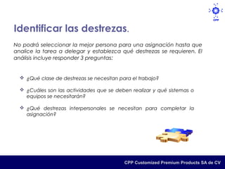 Identificar las destrezas.
No podrá seleccionar la mejor persona para una asignación hasta que
analice la tarea a delegar y establezca qué destrezas se requieren. El
análisis incluye responder 3 preguntas:


   ¿Qué clase de destrezas se necesitan para el trabajo?

   ¿Cuáles son las actividades que se deben realizar y qué sistemas o
    equipos se necesitarán?

   ¿Qué destrezas interpersonales se necesitan para completar la
    asignación?




                                           CPP Customized Premium Products SA de CV
 