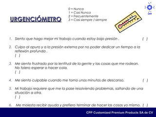 0 = Nunca
                                   1 = Casi Nunca
                                   2 = Frecuentemente
URGENCIÓMETRO                      3 = Casi siempre / siempre




1. Siento que hago mejor mi trabajo cuando estoy bajo presión .                 ( )

2. Culpo al apuro y a la presión externa por no poder dedicar un tiempo a la
   reflexión profunda .
   ( )

3. Me siento frustrado por la lentitud de la gente y las cosas que me rodean.
   No tolero esperar o hacer cola.
   ( )

4. Me siento culpable cuando me tomo unos minutos de descanso.                  ( )

5. Mi trabajo requiere que me la pase resolviendo problemas, saltando de una
   situación a otra.
   ( )

6.   Me molesta recibir ayuda y prefiero terminar de hacer las cosas yo mismo. ( )

                                               CPP Customized Premium Products SA de CV
 