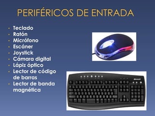 • Teclado
• Ratón
• Micrófono
• Escáner
• Joystick
• Cámara digital
• Lápiz óptico
• Lector de código
  de barras
• Lector de banda
  magnética
 