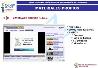 12
MOVILIDAD EN LA UNIÓN EUROPEA, APROXIMACIÓN AL CIUDADANO
MATERIALES PROPIOS (videos)
MATERIALES PROPIOS
 106 videos
 20.000 reproducciones
 VIDEOS:
 Erasmus
 Let´s go Europe
CV Europass
 Videoforum
 