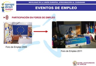 14
EVENTOS DE EMPLEO
MOVILIDAD EN LA UNIÓN EUROPEA, APROXIMACIÓN AL CIUDADANO
PARTICIPACIÓN EN FOROS DE EMPLEO
Foro de Empleo 2005
Foro de Empleo 2011
 