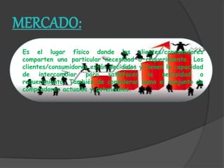 Es el lugar físico donde los clientes/consumidores
comparten una particular necesidad o requerimiento. Los
clientes/consumidores están decididos y tienen la capacidad
de intercambiar para satisfacer la necesidad o
requerimiento. También de considerar como el conjunto de
compradores actuales y potenciales.