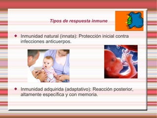 Tipos de respuesta inmune
 Inmunidad natural (innata): Protección inicial contra
infecciones anticuerpos.
 Inmunidad adquirida (adaptativo): Reacción posterior,
altamente específica y con memoria.
 
