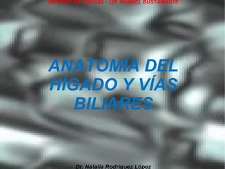 SERVICIO DE CIRUGIA – DR. MANUEL BUSTAMANTE

ANATOMÍA DEL
HÍGADO Y VÍAS
BILIARES

Dr. Natalia Rodríguez López

 