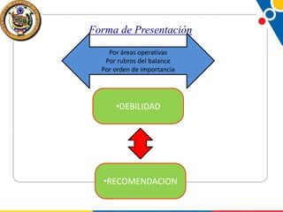 Forma de Presentación
Por áreas operativas
Por rubros del balance
Por orden de importancia

•DEBILIDAD

•RECOMENDACION

 