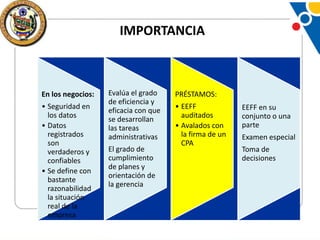 IMPORTANCIA

En los negocios:

• Seguridad en
los datos
• Datos
registrados
son
verdaderos y
confiables
• Se define con
bastante
razonabilidad
la situación
real de la
empresa

Evalúa el grado
de eficiencia y
eficacia con que
se desarrollan
las tareas
administrativas

El grado de
cumplimiento
de planes y
orientación de
la gerencia

PRÉSTAMOS:

• EEFF
auditados
• Avalados con
la firma de un
CPA

EEFF en su
conjunto o una
parte
Examen especial
Toma de
decisiones

 