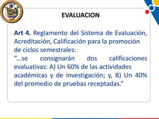 EVALUACION
Art 4. Reglamento del Sistema de Evaluación,
Acreditación, Calificación para la promoción
de ciclos semestrales:
“...se
consignarán
dos
calificaciones
evaluativas: A) Un 60% de las actividades
académicas y de investigación; y, B) Un 40%
del promedio de pruebas receptadas.”

 