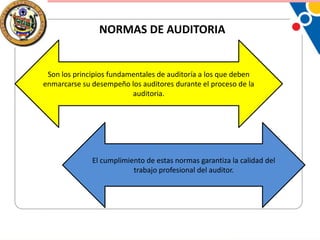 NORMAS DE AUDITORIA

Son los principios fundamentales de auditoría a los que deben
enmarcarse su desempeño los auditores durante el proceso de la
auditoria.

El cumplimiento de estas normas garantiza la calidad del
trabajo profesional del auditor.

 