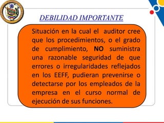 DEBILIDAD IMPORTANTE
Situación en la cual el auditor cree
que los procedimientos, o el grado
de cumplimiento, NO suministra
una razonable seguridad de que
errores o irregularidades reflejados
en los EEFF, pudieran prevenirse o
detectarse por los empleados de la
empresa en el curso normal de
ejecución de sus funciones.

 