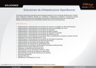 SOLUCIONES                                                                                                                       iNaksys
                                                                                                                                        Information Technology


                                               Soluciones de infraestructura OpenSource
                                Proveemos soluciones corporativas para el sistema operativo Linux en diversas distribuciones: CentOS,
                                Suse, Slackware, Mandriva, Debían, etc. Instalamos, configuramos, auditamos y brindamos soporte
                                técnico. Integramos soluciones de plataforma cruzada con productos Microsoft, Sun, Novell y otros.
                                Migramos de soluciones Linux comerciales ( Redhat, Suse, etc) a soluciones libres.

                                Soluciones Linux:

                                Implementación y Administración de servidores de archivos compatible con Microsoft Windows.
                                ?
                                Implementación y Administración de servidores de archivos compatible con Linux.
                                ?
                                Implementación y Administración de servidores de Impresión.
                                ?
                                Implementación y Administración de servidores de Base de datos.
                                ?
                                Implementación y Administración de servidores de aplicación Proxy/NAT
                                ?
                                Implementación y Administración de servidores de servicios de red.
                                ?
                                Implementación y Administracion de servidores Web y de aplicación con Apache y Apache Tomcat.
                                ?
                                Integración de entornos Web Microsoft / Linux.
                                ?
                                Implementación y Administración de servidores de mensajería corporativa.
                                ?
                                Implementación y Administración de soluciones de backup.
                                ?
                                Implementación de servidores de Storage por NAS.
                                ?
                                Implementación de soluciones de conectividad VPN.
                                ?
                                Implementación de servidores de Mensajería Instantánea publica/privada.
                                ?
                                ? de Servidores Microsoft a Linux.
                                Migración
                                Integración de plataformas Microsoft/Linux.
                                ?
                                Administración de uso de Internet y trafico en redes.
                                ?
                                Administración remota de servidores en datacenters.
                                ?
                                Administración de soluciones OpenSource en general.
                                ?
                                Soluciones Ofimáticas.
                                ?
                                ? Planning.
                                Capacity
                                Reutilizacion de Hardware con Linux.
                                ?




informes@inaksys.com.ar | Tel.: (011) 4572-6096 | www.inaksys.com.ar | Cuidad Autónoma de Buenos Aires | Argentina.

                      TECNOLOGIA                                                         INTEGRACION                           ESCALABILIDAD
 