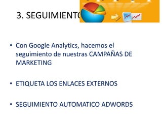 3. SEGUIMIENTO DE CAMPAÑAS
• Con Google Analytics, hacemos el
seguimiento de nuestras CAMPAÑAS DE
MARKETING

• ETIQUETA LOS ENLACES EXTERNOS
• SEGUIMIENTO AUTOMATICO ADWORDS

 