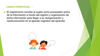 CARACTERISTICAS:AS:
 El cognitivismo concibe al sujeto como procesador activo
de la información a través del registro y organización de
dicha información para llegar a su reorganización y
reestructuración en el aparato cognitivo del aprendiz.
 