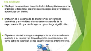ROL DOCENTE
 El rol que desempeña el docente dentro del cognitivismo es el de
organizar y desarrollar experiencias didácticas que favorezcan el
aprendizaje del alumno
 profesor es el encargado de promover las estrategias
cognitivas y motivadoras de sus alumnos a través de la
experimentación que darán lugar al aprendizaje significativo.
 El profesor será el encargado de proporcionar a los estudiantes
respecto a su trabajo y el desarrollo de los conocimientos, así
como sobre la obtención de los objetivos fijados anteriormeente.
 