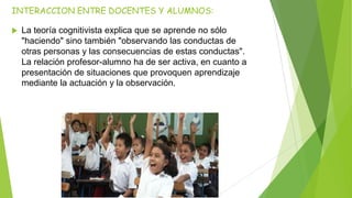 INTERACCION ENTRE DOCENTES Y ALUMNOS:
 La teoría cognitivista explica que se aprende no sólo
"haciendo" sino también "observando las conductas de
otras personas y las consecuencias de estas conductas".
La relación profesor-alumno ha de ser activa, en cuanto a
presentación de situaciones que provoquen aprendizaje
mediante la actuación y la observación.
 