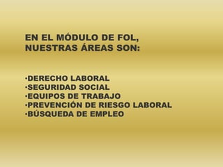 EN EL MÓDULO DE FOL,
NUESTRAS ÁREAS SON:
•DERECHO LABORAL
•SEGURIDAD SOCIAL
•EQUIPOS DE TRABAJO
•PREVENCIÓN DE RIESGO LABORAL
•BÚSQUEDA DE EMPLEO
 