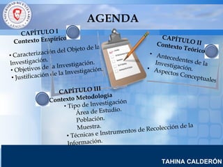 www.company.com
TAHINA CALDERÓN
• Caracterización del Objeto de la
Investigación.
• Objetivos de la Investigación.
• Justificación de la Investigación.
CAPÍTULO I
Contexto Empírico
• Antecedentes de laInvestigación.• Aspectos Conceptuales.
CAPÍTULO IIContexto Teórico
• Tipo de Investigación
Área de Estudio.
Población.
Muestra.
• Técnicas e Instrumentos de Recolección de la
Información.
CAPÍTULO III
Contexto Metodología
AGENDA
 