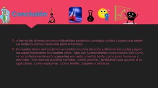 Conclusión
 A travez de diversos procesos industriales podemos conseguir acidos y bases que suelen
ser materias primas nesesarias para el hombre .
 En nuestro diario vivir podemos encontrar muchas de estas sustancias las cuales juegan
un papel importante en nuestras vidas , ellos son fundamentales para nuestro vivir como
vimos anteriormente están presentes en medicamentos tanto como para humanos y
animales , a la hora de nuestras comidas , como jabones , fertilizantes que ayudan a la
agricultura , como explosivos , como textiles , papeles y plásticos .
 