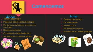 Ácidos
 Tiene un sabor agrio
 Poseen un poder corrosivo en la piel
 Pierden sus propiedades al reaccionar
con bases
 Disuelven sustancias
 Conducen la corriente electrica
 Se claficican en Fuertes y Débiles
Bases
 Poseen saber amargo
 Disuelven grasas
 Son jabonosos
 No producen corrosión
 Se claficican en Fuertes y Débiles
Comencemos
 