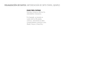 VISUALIZACIÓN DE DATOS: METODOLOGÍA DE SIETE ETAPAS, EJEMPLO
PASO TRES: FILTRAR
Este paso consiste en eliminar los
antecedentes innecesarios.
En el ejemplo, se tomarán en
cuenta sólo los 48 estados
continuos, removiendo los datos
correspondientes a territorios como
Alaska, Hawaii y Puerto Rico.
 