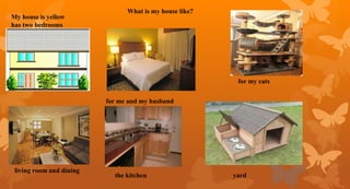What is my house like?
My house is yellow
has two bedrooms
for me and my husband
for my cats
living room and dining
the kitchen yard