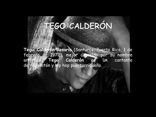 Tegui Calderón Rosario (Santurce, Puerto Rico, 1 de
febrero de 1972), mejor conocido por su nombre
artístico Tego Calderón es un cantante
de reggaetón y hip hop puertorriqueño.
 
