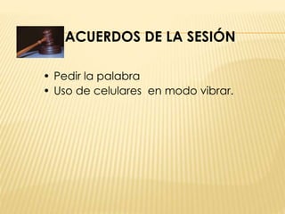 ACUERDOS DE LA SESIÓN 
• Pedir la palabra 
• Uso de celulares en modo vibrar. 
 