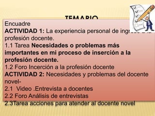 TEMARIO 
Encuadre 
ACTIVIDAD 1: La experiencia personal de ingreso a la 
profesión docente. 
1.1 Tarea Necesidades o problemas más 
importantes en mi proceso de inserción a la 
profesión docente. 
1.2 Foro Incerción a la profesión docente 
ACTIVIDAD 2: Necesidades y problemas del docente 
novel- 
2.1 Video .Entrevista a docentes 
2.2 Foro Análisis de entrevistas 
2.3Tarea acciones para atender al docente novel 
 