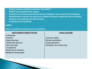  Integrar equipos mediante la técnica “los medios”. 
 Repartir tres problemas por equipo. 
 Compartir los diversos procedimientos que emplearon para resolver los problemas. 
 Retroalimentar al grupo las dudas que surgieron durante el desarrollo de la actividad. 
 Resolver los problemas del libro de texto. 
 Comentará sus resultados. 
TAREA: 
Crear un problema haciendo uso de la división. 
RECURSOS DIDÁCTICOS 
Problemas 
Pizarrón 
Hojas blancas 
Libreta del alumno 
Libro de texto 
Crucigrama 
Partes de la división 
Material manipulable 
EVALUACIÓN 
Lista de cotejo 
Escala estimativa 
Autoevaluación 
Portafolio de evidencias 
 