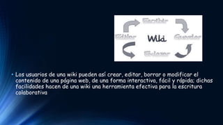 • Los usuarios de una wiki pueden así crear, editar, borrar o modificar el 
contenido de una página web, de una forma interactiva, fácil y rápida; dichas 
facilidades hacen de una wiki una herramienta efectiva para la escritura 
colaborativa 
 