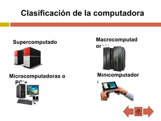 Clasificación de la computadora
Microcomputadoras o
PC´s
Supercomputado
ras:
Minicomputador
as:
Macrocomputad
oras:
 