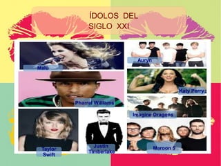 ÍDOLOS DEL
SIGLO XXI
Taylor
Swift
Justin
Timberlake
Maroon 5
Imagine Dragons
Katy Perry
Malú
Pharrel Williams
Auryn
 