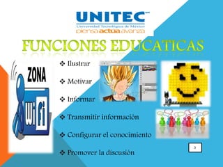 3
 Ilustrar
 Motivar
 Informar
 Transmitir información
 Configurar el conocimiento
 Promover la discusión
 